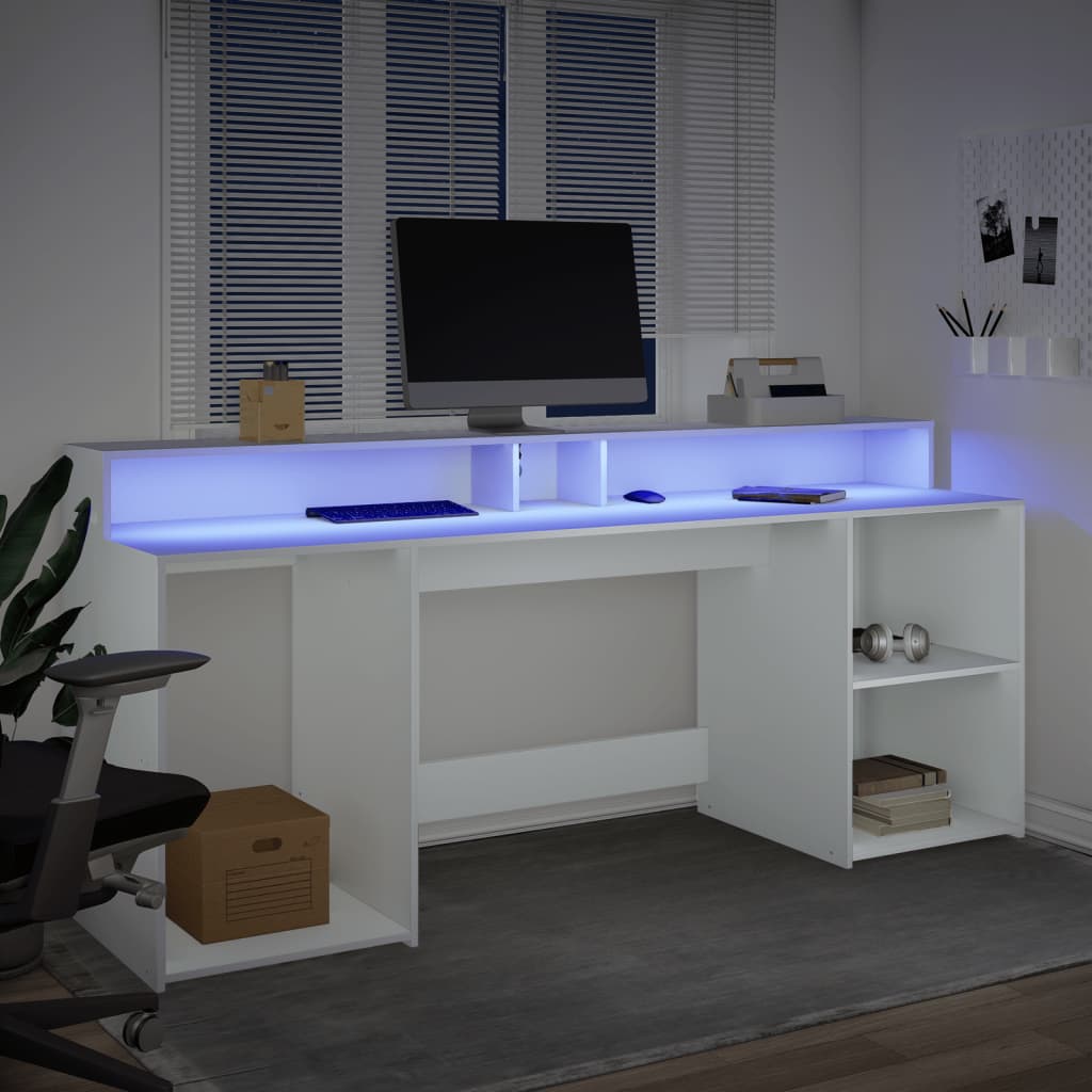 Desk with LED Lights White 200x55x91 cm Engineered Wood