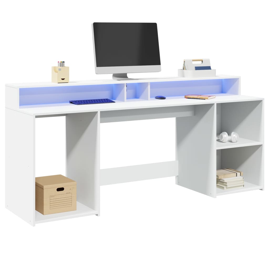 Desk with LED Lights White 200x55x91 cm Engineered Wood