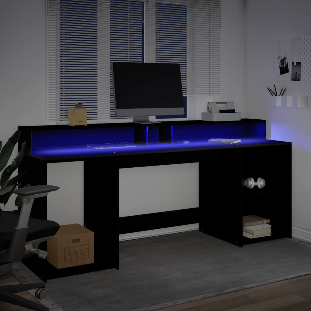 Desk with LED Lights Black 200x55x91 cm Engineered Wood