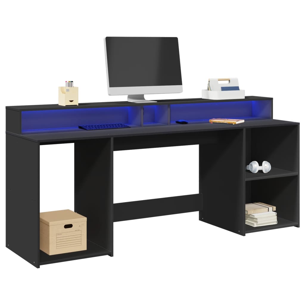 Desk with LED Lights Black 200x55x91 cm Engineered Wood