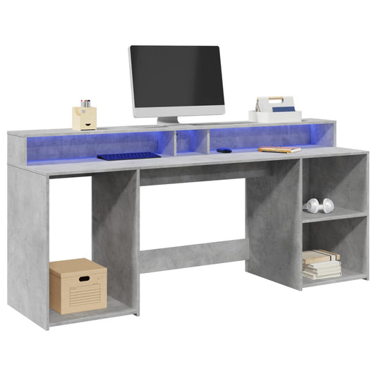 Desk with LED Lights Concrete Grey 200x55x91 cm Engineered Wood