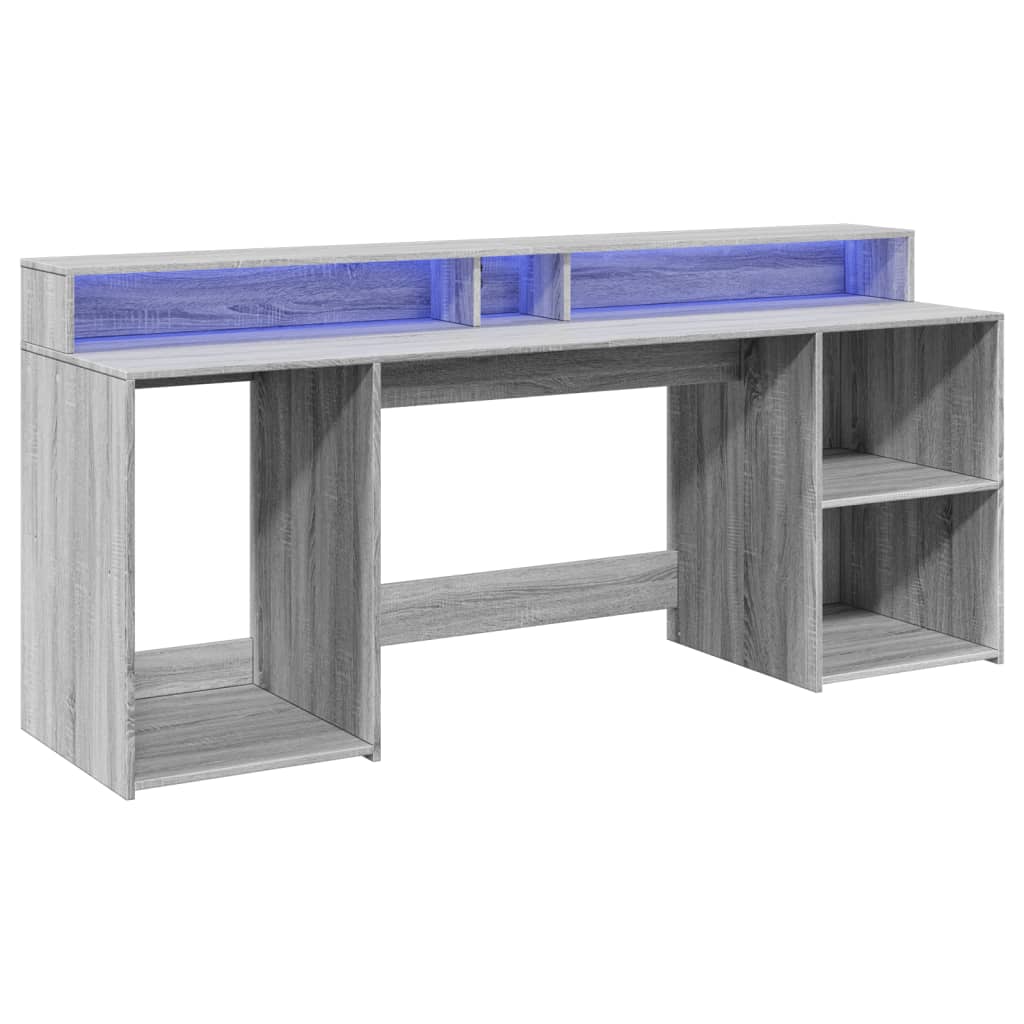 Desk with LED Lights Grey Sonoma 200x55x91 cm Engineered Wood