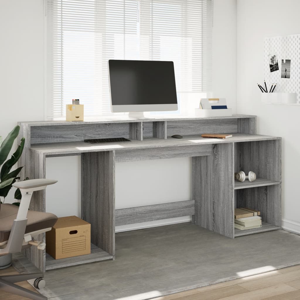 Desk with LED Lights Grey Sonoma 200x55x91 cm Engineered Wood