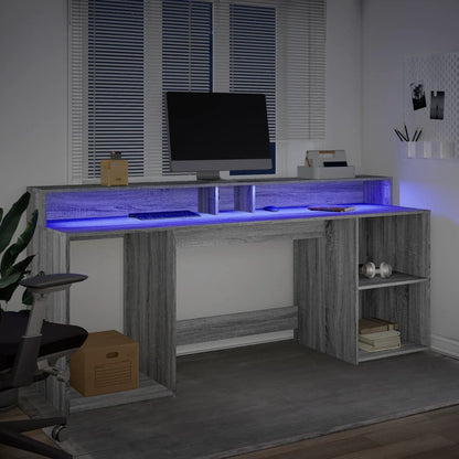 Desk with LED Lights Grey Sonoma 200x55x91 cm Engineered Wood