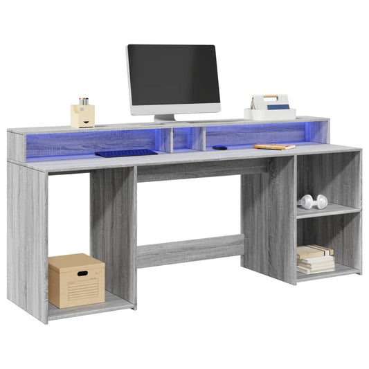 Desk with LED Lights Grey Sonoma 200x55x91 cm Engineered Wood