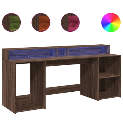 Desk with LED Lights Brown Oak 200x55x91 cm Engineered Wood