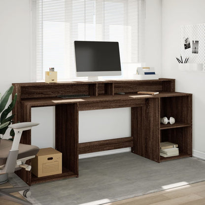 Desk with LED Lights Brown Oak 200x55x91 cm Engineered Wood