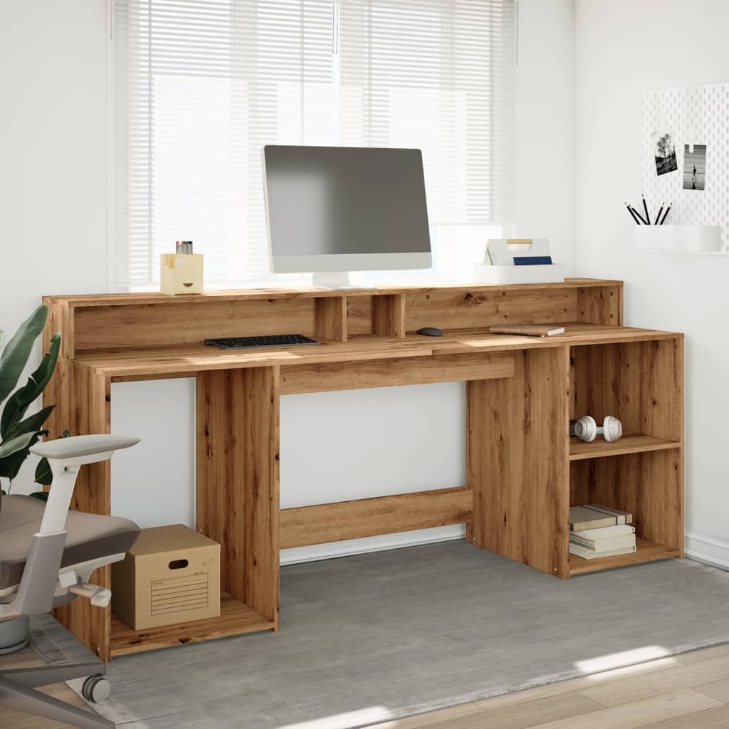 Desk with LED Lights Artisian Oak 200x55x91 cm Engineered Wood