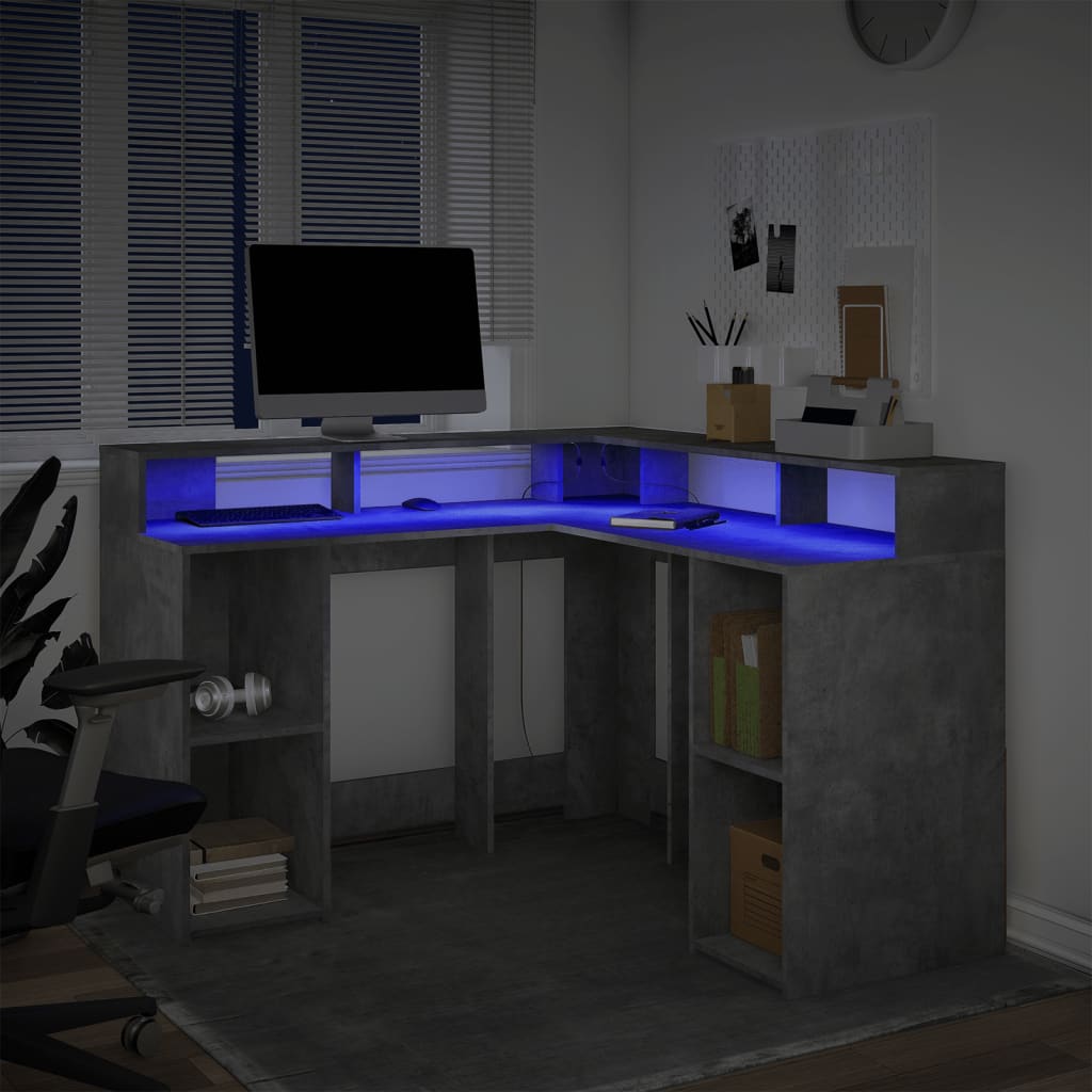 Desk with LED Lights Concrete Grey 130x130x91 cm Engineered Wood