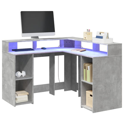 Desk with LED Lights Concrete Grey 130x130x91 cm Engineered Wood