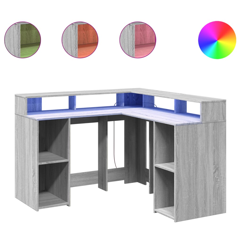 Desk with LED Lights Grey Sonoma 130x130x91 cm Engineered Wood