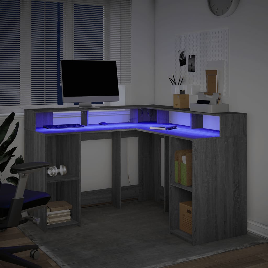 Desk with LED Lights Grey Sonoma 130x130x91 cm Engineered Wood