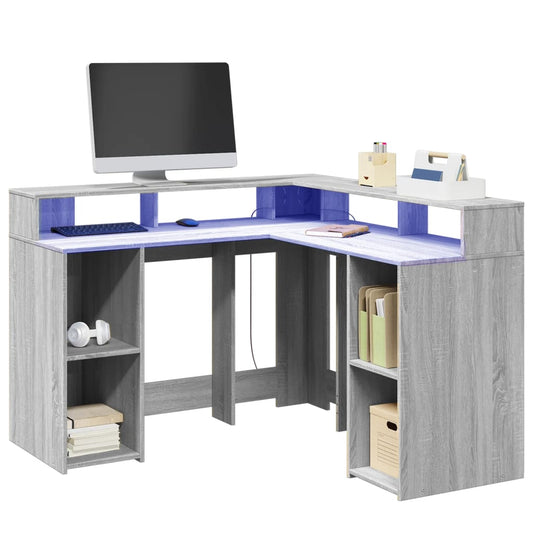 Desk with LED Lights Grey Sonoma 130x130x91 cm Engineered Wood