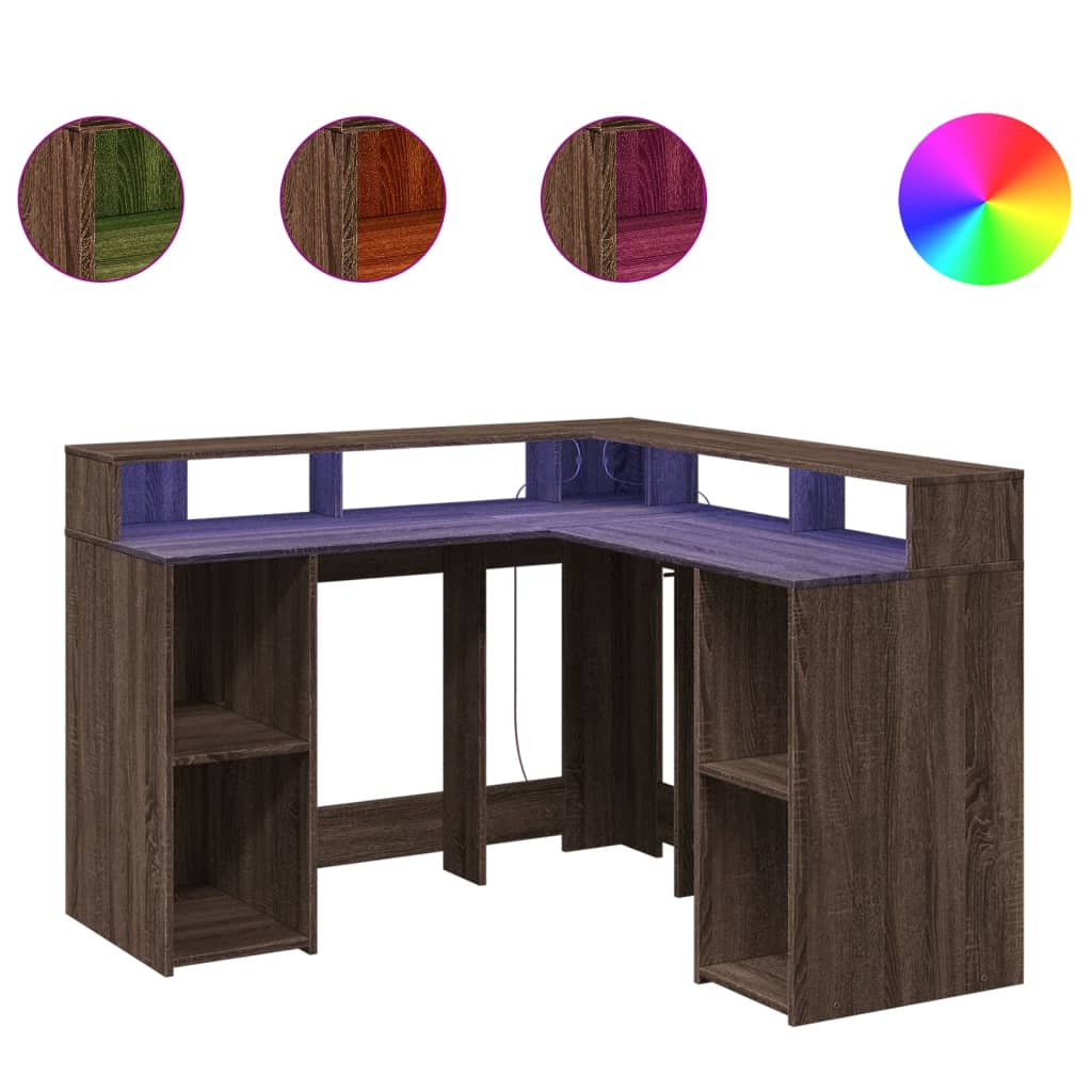 Desk with LED Lights Brown Oak 130x130x91 cm Engineered Wood