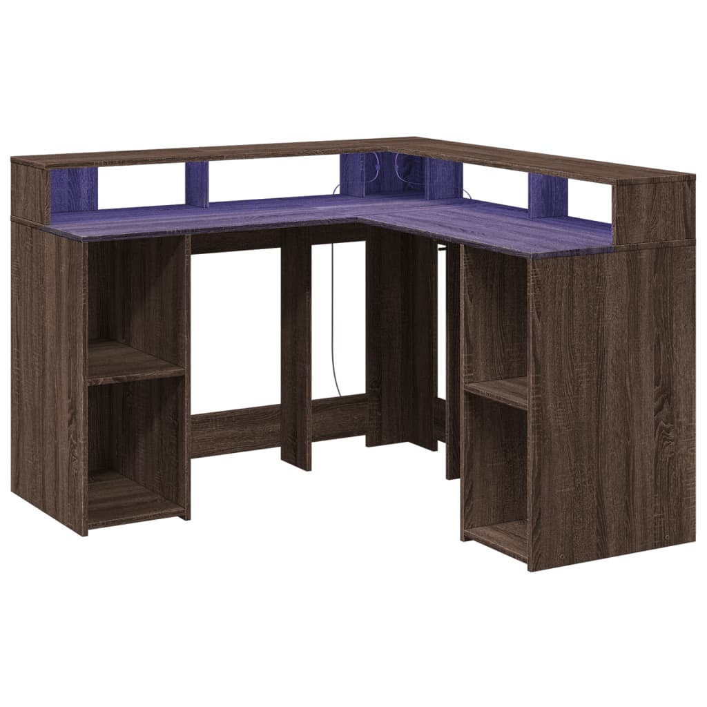 Desk with LED Lights Brown Oak 130x130x91 cm Engineered Wood