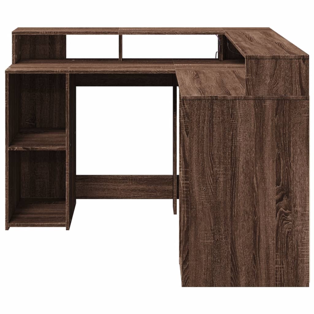 Desk with LED Lights Brown Oak 130x130x91 cm Engineered Wood