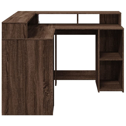 Desk with LED Lights Brown Oak 130x130x91 cm Engineered Wood