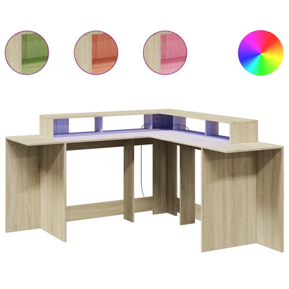 Desk with LED Lights Sonoma Oak 152x152x91 cm Engineered Wood