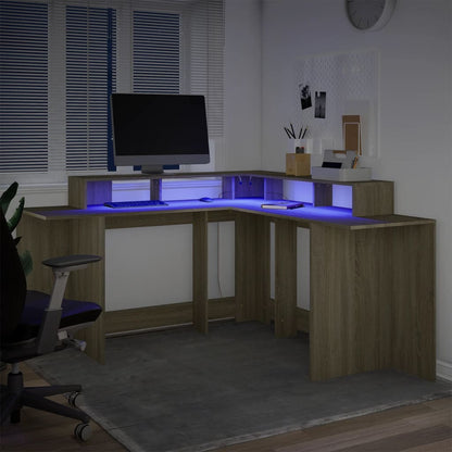 Desk with LED Lights Sonoma Oak 152x152x91 cm Engineered Wood