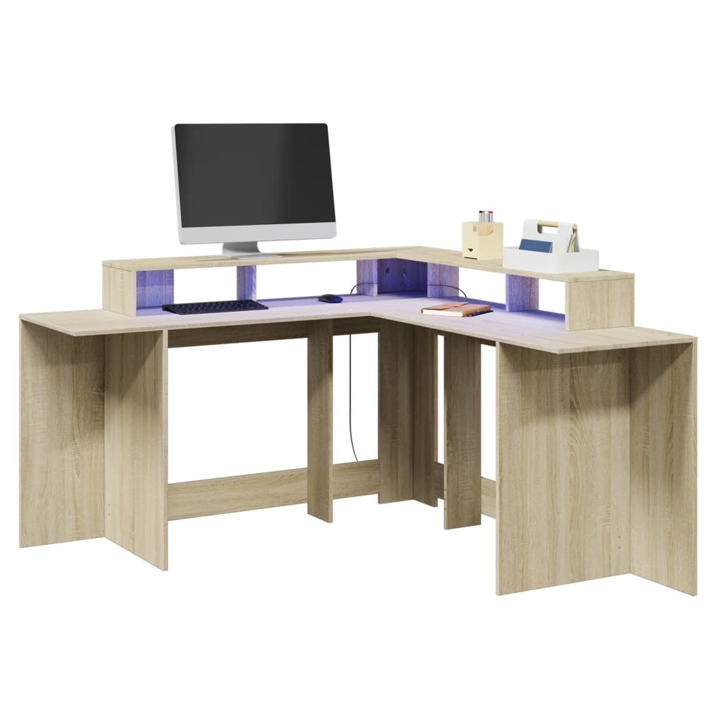 Desk with LED Lights Sonoma Oak 152x152x91 cm Engineered Wood