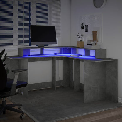 Desk with LED Lights Concrete Grey 152x152x91 cm Engineered Wood