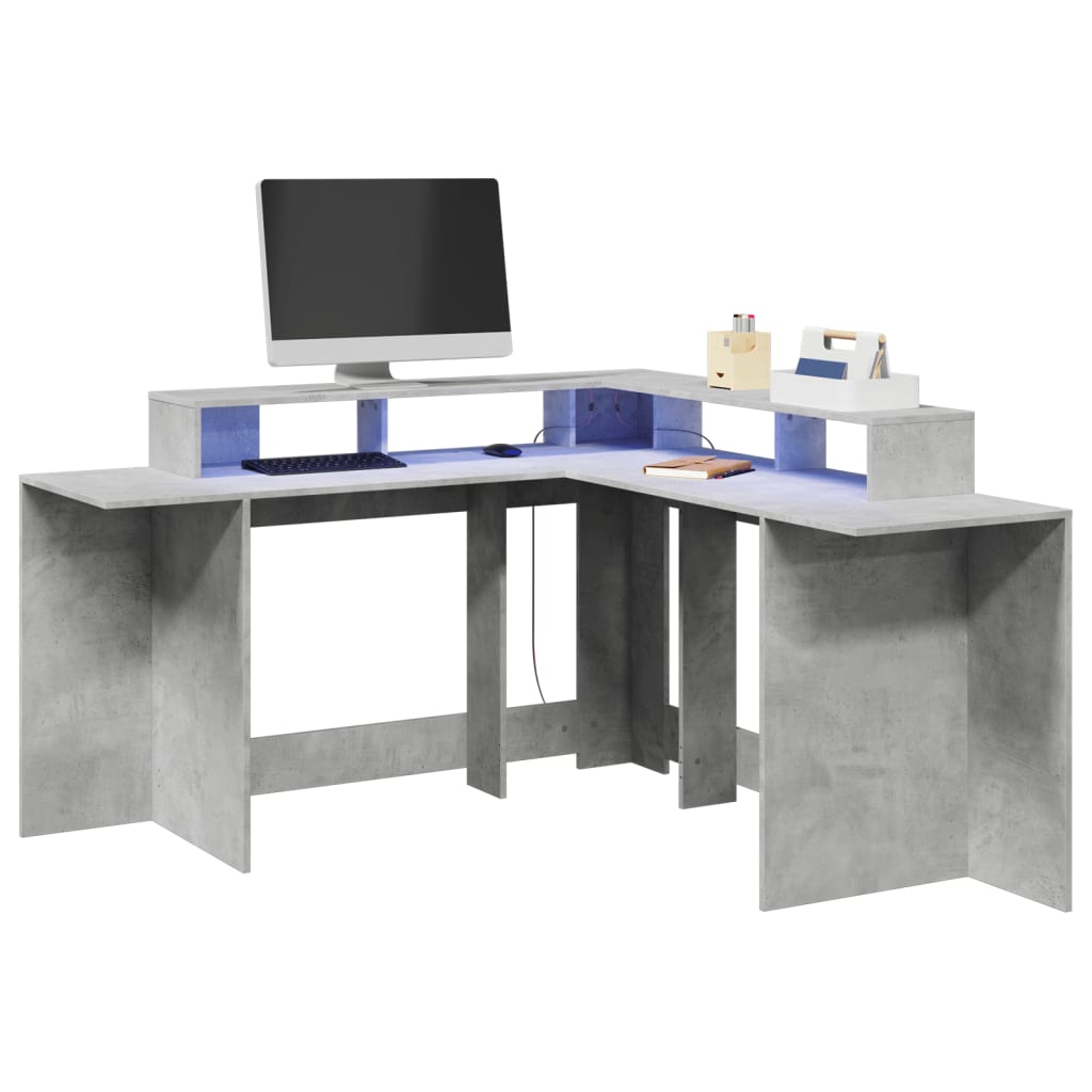 Desk with LED Lights Concrete Grey 152x152x91 cm Engineered Wood