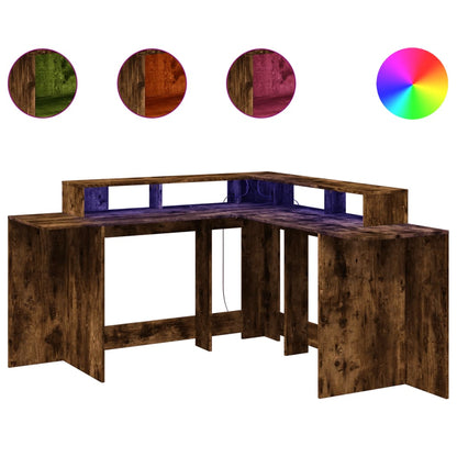 Desk with LED Lights Smoked Oak 152x152x91 cm Engineered Wood