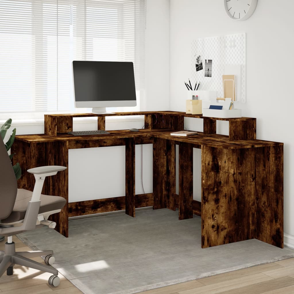 Desk with LED Lights Smoked Oak 152x152x91 cm Engineered Wood