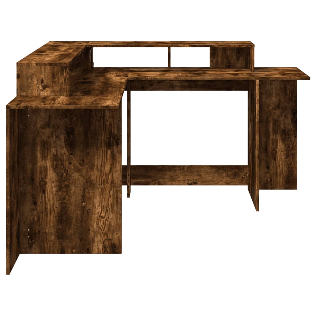 Desk with LED Lights Smoked Oak 152x152x91 cm Engineered Wood