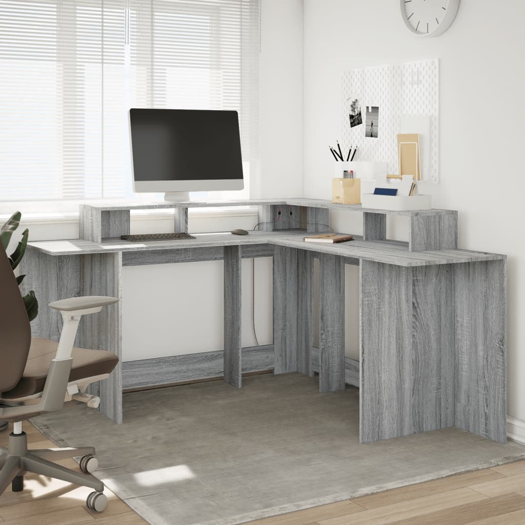 Desk with LED Lights Grey Sonoma 152x152x91 cm Engineered Wood