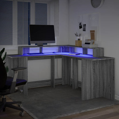 Desk with LED Lights Grey Sonoma 152x152x91 cm Engineered Wood