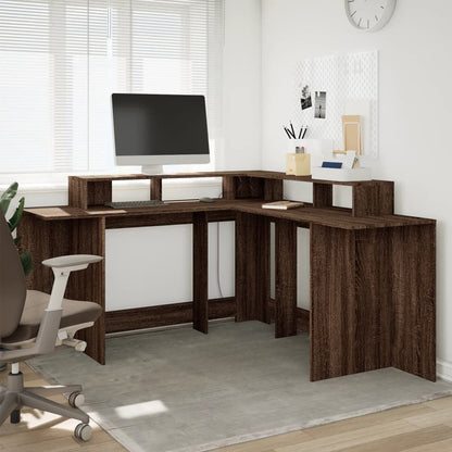 Desk with LED Lights Brown Oak 152x152x91 cm Engineered Wood