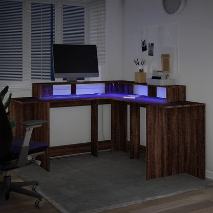 Desk with LED Lights Brown Oak 152x152x91 cm Engineered Wood