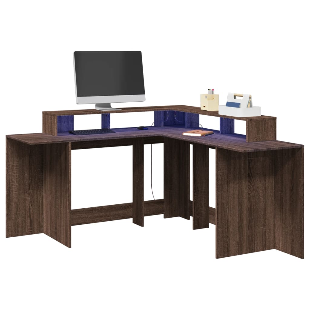 Desk with LED Lights Brown Oak 152x152x91 cm Engineered Wood