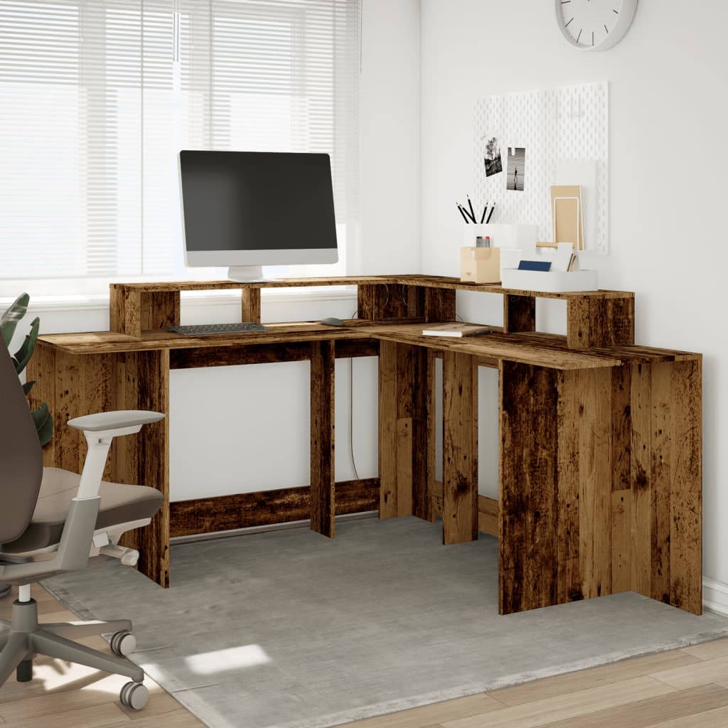 Desk with LED Lights Old Wood 152x152x91 cm Engineered Wood