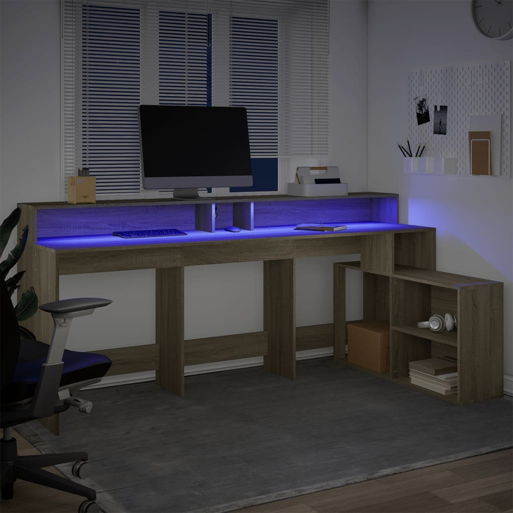 Desk with LED Lights Sonoma Oak 200x104x91 cm Engineered Wood