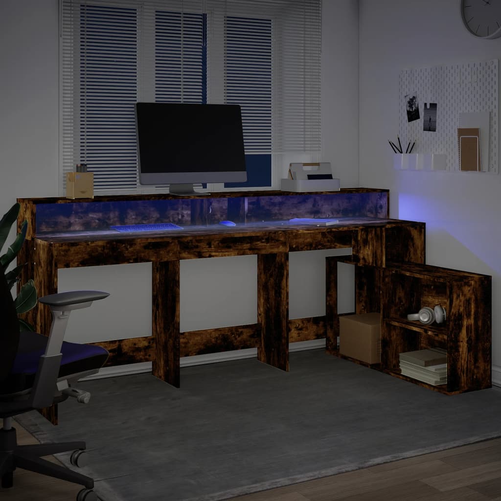 Desk with LED Lights Smoked Oak 200x104x91 cm Engineered Wood