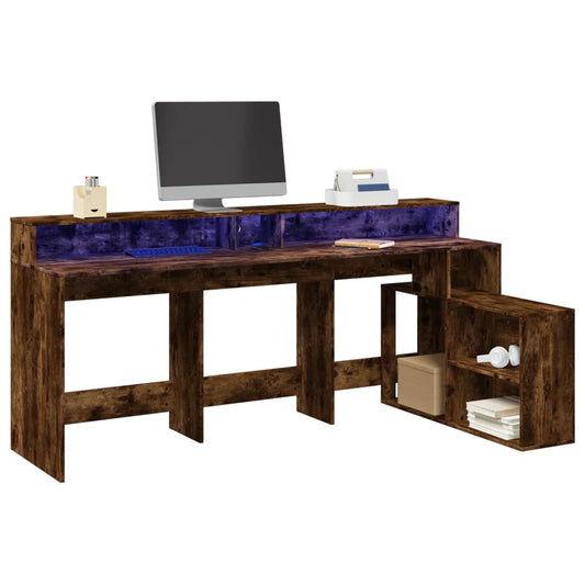 Desk with LED Lights Smoked Oak 200x104x91 cm Engineered Wood