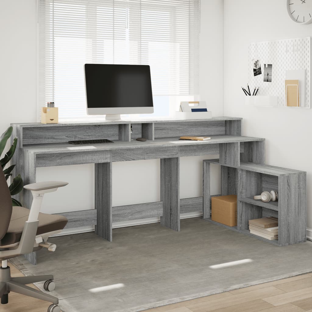 Desk with LED Lights Grey Sonoma 200x104x91 cm Engineered Wood