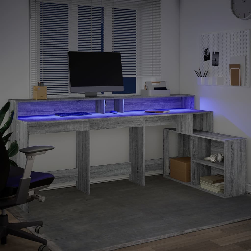 Desk with LED Lights Grey Sonoma 200x104x91 cm Engineered Wood