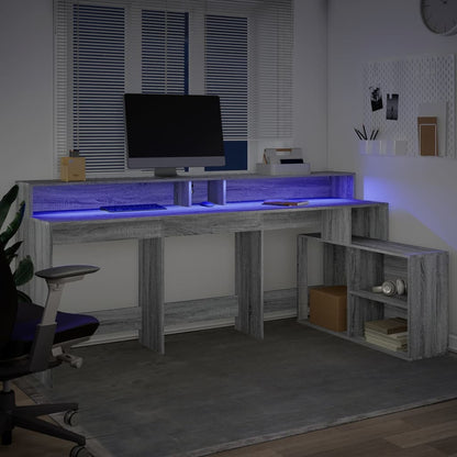 Desk with LED Lights Grey Sonoma 200x104x91 cm Engineered Wood