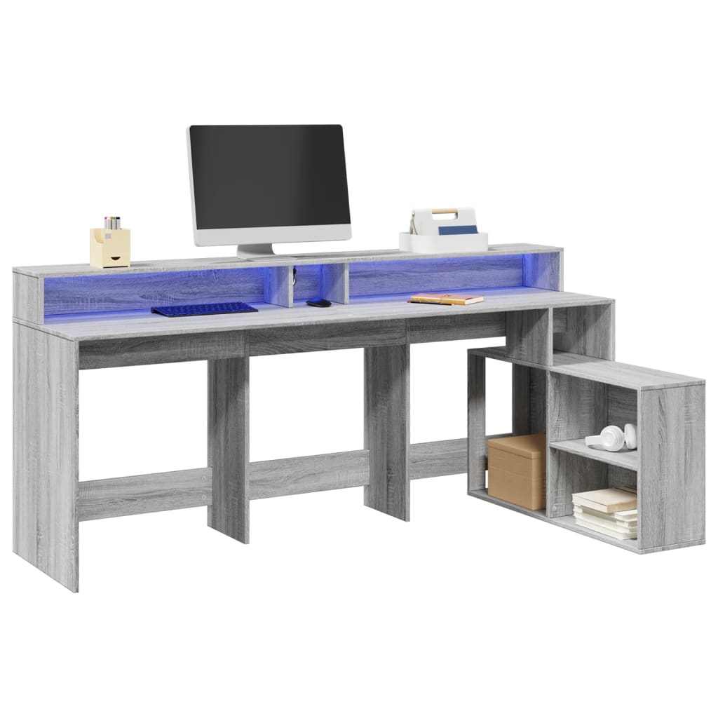 Desk with LED Lights Grey Sonoma 200x104x91 cm Engineered Wood