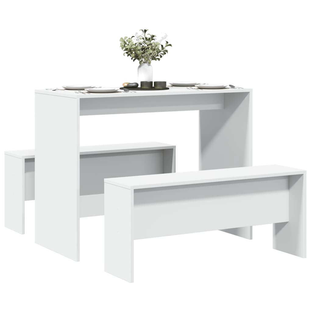 3 Piece Dining Table and Bench set White Engineered Wood