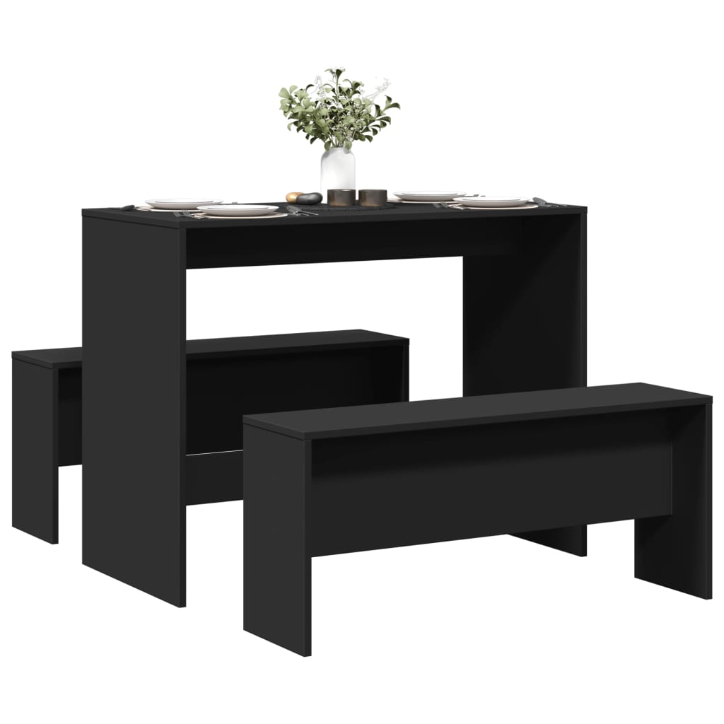 3 Piece Dining Table and Bench set Black Engineered Wood