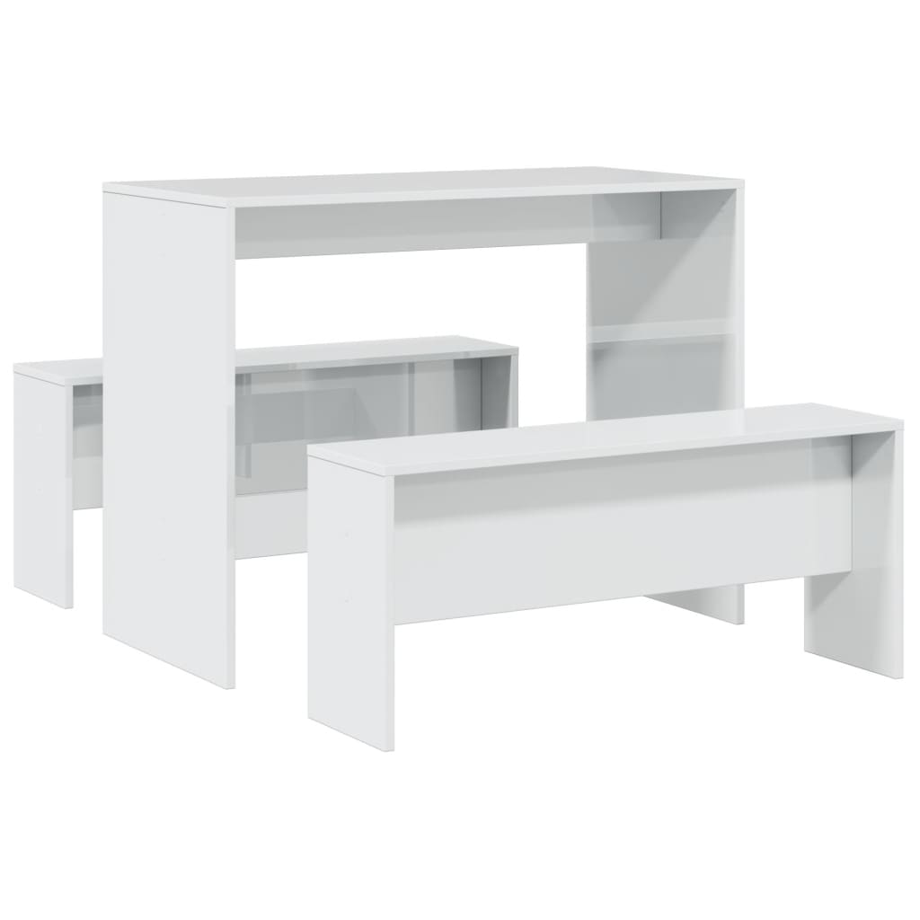 3 Piece Dining Table and Bench set High Gloss White Engineered Wood