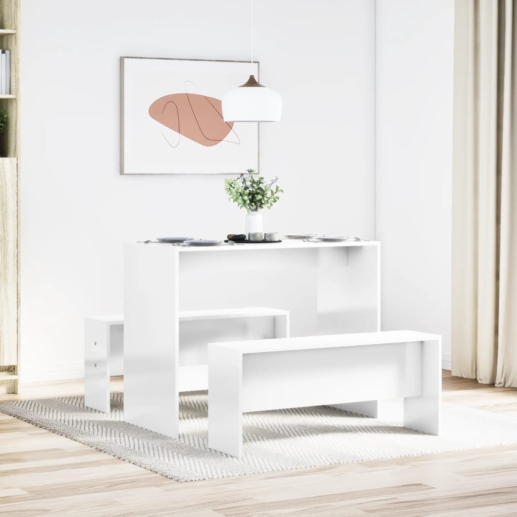 3 Piece Dining Table and Bench set High Gloss White Engineered Wood