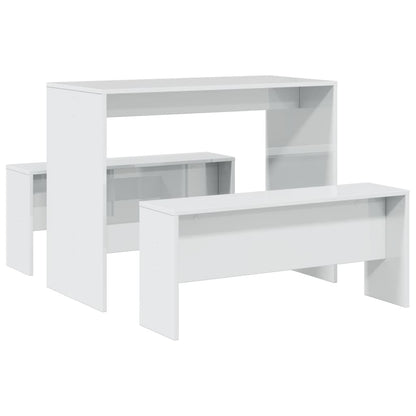 3 Piece Dining Table and Bench set High Gloss White Engineered Wood