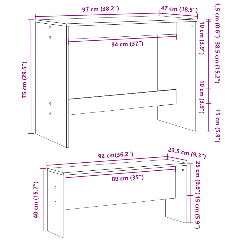 3 Piece Dining Table and Bench set High Gloss White Engineered Wood