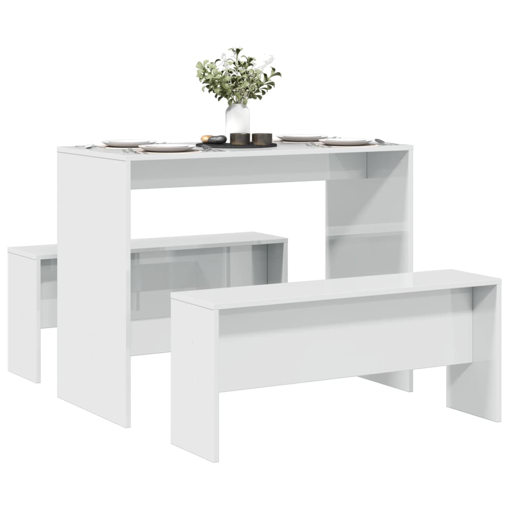 3 Piece Dining Table and Bench set High Gloss White Engineered Wood