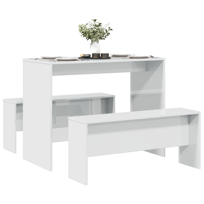 3 Piece Dining Table and Bench set High Gloss White Engineered Wood